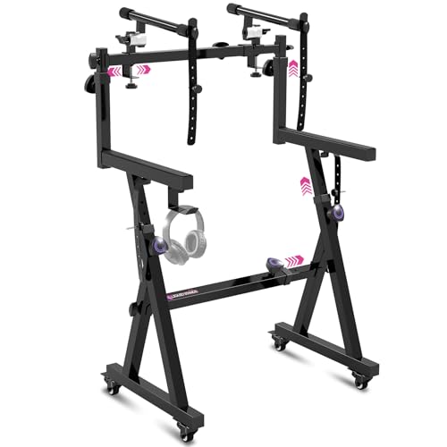 Liquid Stands Dual Piano Keyboard Stand w/ Wheels and 2nd Tier - Rolling Z Style Adjustable, Portable 2 Tier Heavy Duty Music Stand for Synths and Electric Digital Keyboards - Fits 54 61 88 Key Pianos