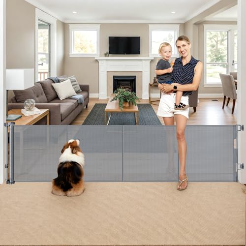 Reinforced 28 Inch Tall Retractable Baby Gates for Dogs, Easy Step Over Pet Gate with Support Rods, 55" Wide Retractable Dog Gate