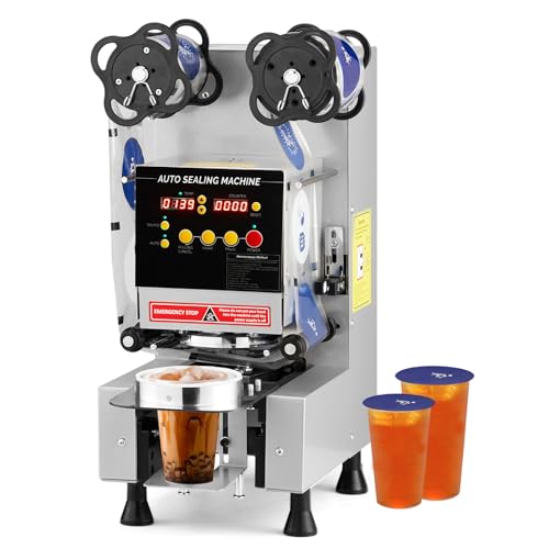 VINGLI Cup Sealing Machine, Full Automatic Electric Boba Cup Sealing Machine 500-650 Cups/H, Cup Sealer Machine with LCD Digital Controls, 88/89/90/95 mm Cup for Bubble Milk Tea Coffee, Silver