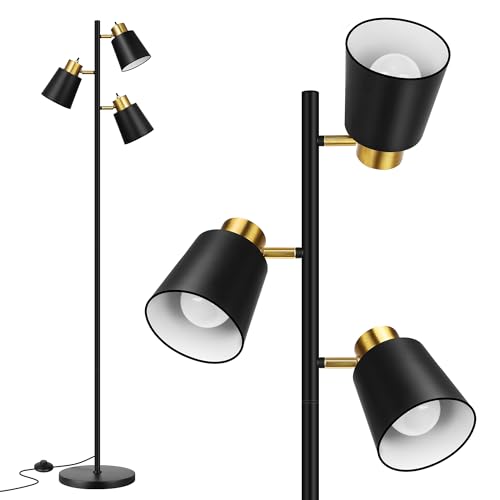 QiMH Tree Floor Lamp with 3 Lights, Modern Standing Lamps for Living Room, Tall Stand up Lamps with 3 Adjustable Arms for Bedroom Office Home Decor