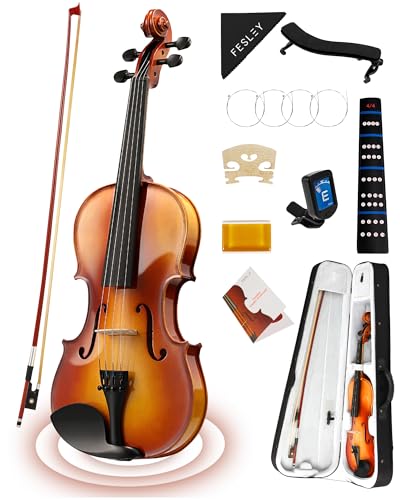 Fesley 4/4 Full Size Violin Set, Fiddle for Beginners Adults with Hard Case, Acoustic Violins 4/4 with Bow, Rosin, Shoulder rest, Tuner, Extra Strings, Cleaning Cloth, Finger Guide