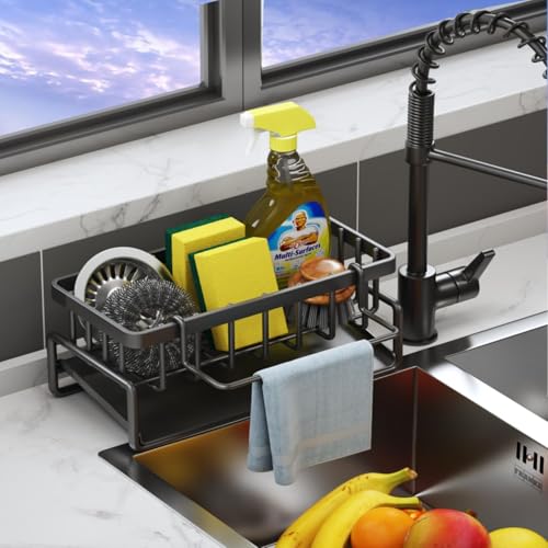 BELOXY Metal Sponge Holder for Kitchen Sink – Auto-Draining Sink Organizer Caddy with Soap Tray, Dish Brush & Towel-Bar Holder, Kitchen Storage Rack (Black-2)