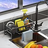 BELOXY Metal Sponge Holder for Kitchen Sink – Auto-Draining Sink Organizer Caddy with Soap Tray, Dish Brush & Towel-Bar Holder, Kitchen Storage Rack (BLACK-2)