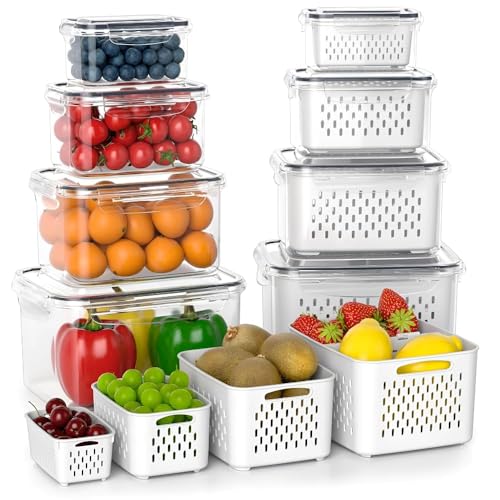 Satpurush Fridge Storage Containers with Drain Basket (4-Piece Set) BPA-Free Refrigerator Organizer Boxes for Vegetables & Fruits | Stackable Kitchen Storage Containers (600ml, 1400ml, 2600ml, 4500ml)
