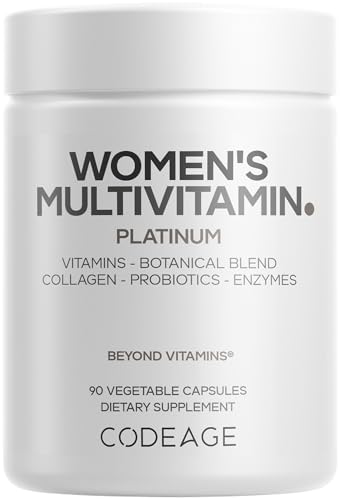 Codeage Women’s Multivitamin Platinum - Vitamins A D3 K1 K2 B12 & Minerals, CoQ10, Skin, Hair & Nails Complex, Collagen, Botanicals, Probiotics, Fermented Greens, Lutein, Astaxanthin - 90 Capsules