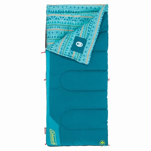 Coleman Kids 50°F Sleeping Bag, Comfortable Youth Sleeping Bag for Sleepovers & Camping, Fits Children up to 5ft Tall, Glow in The Dark Design, Stuff Sack Included, Machine Washable
