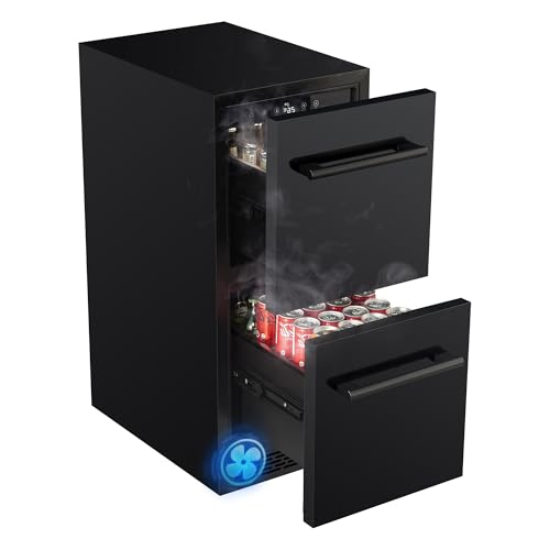 15 Inch Double Drawer Beverage Refrigerator, 3.39 Cu.Ft. Under Counter Fridge, Waterproof All Black Stainless Steel Beverage Fridge,low noise Rapid cooling for Indoor, Outdoor, Kitchen, Patio