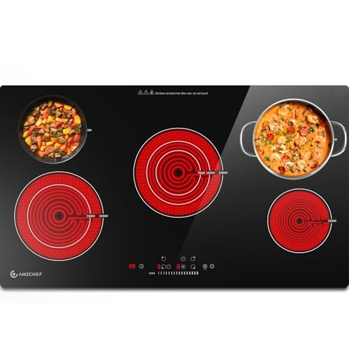 AMZCHEF 36 Inch Electric Cooktop 8900W: 5 Burner Built-in Electric Stove Top with 9 Power Lever, 2 High-Efficiency Burners Timer, Touch Control&Safety Function, Ceramic Stove for Kitchen