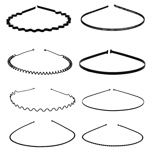 Cerrito Black Metal Hair Band for Men – 8 Pcs Wavy Non-Slip Adjustable Headbands for Women, Boys, and Girls, Facial Sports, Yoga, Running, Face Wash, Fashion Hair Accessories