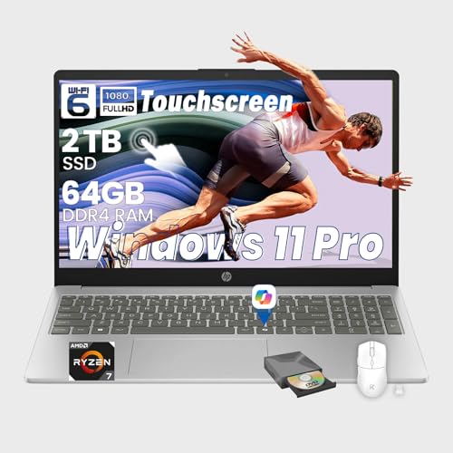 HP Flagship 15.6" Touchscreen Business Laptop, AMD Ryzen 7 7730U, FHD Anti-glare Display, AMD Radeon GPU, AI Noise Reduction, Lightweight, Copilot, Wi-Fi 6, Win 11 Pro, 64GB RAM + 2TB SSD, Accessories