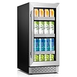VINECOLD 15 Inch Beverage Refrigerator,130 Cans Under Counter Beverage Fridge with Glass Door for Soda Beer Water, Freestanding Reversible Door Beverage Cooler Refrigerator for Home&Kitchen