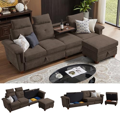 Pingliang Home 110" Sectional Sofa, Convertible L Shaped Sofa with Ottoman and Large Storage