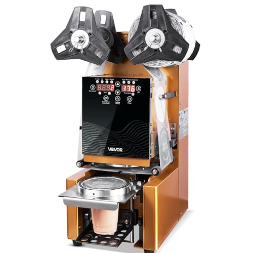 VEVOR Fully Automatic Cup Sealing Machine, 500-650 Cups/H, Cup Sealer Machine for 190 mm Tall & 90/95 mm Cup, Electric Tea Sealer with Digital Control LCD Panel for Bubble Milk Tea Coffee, Gold