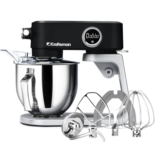 Kraftsman Stand Mixer All Metal - Heavy Duty Kitchen Standing Mixer 5.3 Quart with 4 Stainless Steel Attachments, DC Motor & Multifunctional Power Hub, 8-Speed & Timer, Lower Noise (Black)