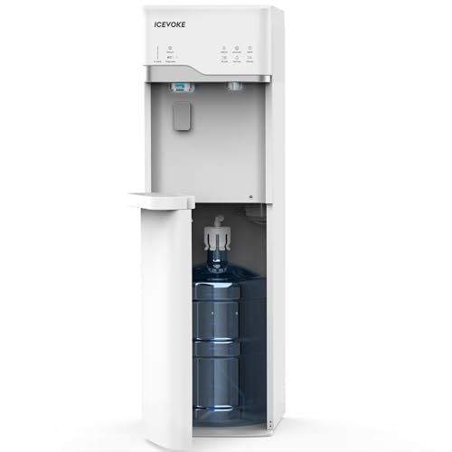 ICEVOKE 4-in-1 Self-Cleaning Water Dispenser with Ice Maker, Bottom Loading Hot and Cold Water Cooler for 5 Gallon Bottle - Includes Child Safety Lock & Nightlight - Water Machine for Home, Office
