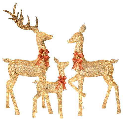 Lighted Christmas Decoration Deer 3 Piece, Light up Christmas Decor Reindeer Family Set for Indoor Outdoor Front Yard Porch with LED Lights, Plug, Ground Stakes