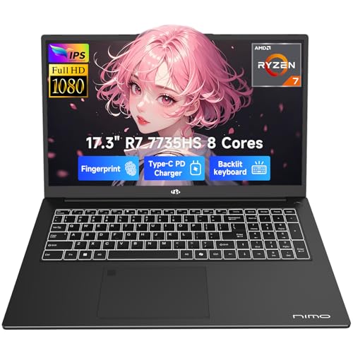 NIMO 17.3" Business-Laptop, AMD Ryzen 7 7735HS (8C/16T), 64GB RAM 2TB NVMe SSD, Radeon 680M for Light Gaming, PD 100W Type-C WiFi-6E BT5.2 Fingerprint Unlock Backlit Keyboard for Working & Student