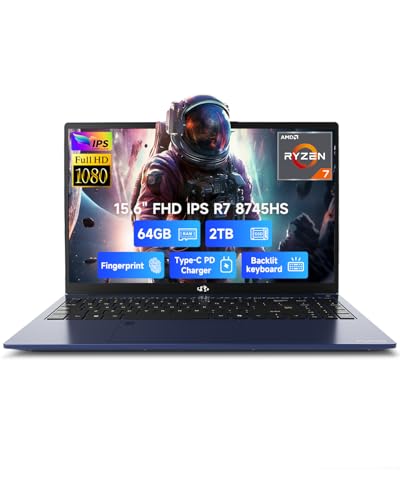 NIMO 15.6" IPS FHD-Gaming-Laptop, AMD Ryzen 7 8745HS 64GB DDR5 RAM 2TB SSD (8C/16T, up to 4.9GHz) Radeon 780M Graphics Business Computer with 100W Type-C Backlit Keyboard, Fingerprint USB-C 4.0