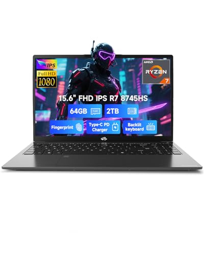 NIMO 15.6" IPS FHD-Gaming-Laptop, AMD Ryzen 7 8745HS 64GB DDR5 RAM 2TB SSD (8C/16T, up to 4.9GHz) Radeon 780M Graphics Business Computer with 100W Type-C Backlit Keyboard, Fingerprint USB-C 4.0