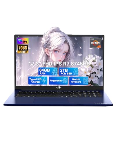 NIMO 17.3" Light-Gaming-Laptop, 8 Cores AMD Ryzen 7 8745HS 64GB DDR5 RAM 2TB SSD (Beat R9 6900HX, up to 4.9GHz) Radeon 780M Graphics IPS FHD Computer with 100W Type-C Fingerprint, Backlit Keyboard