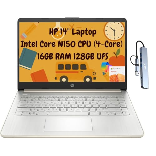 HP 14 Thin Portable Student Laptop 2026, 14" HD, Intel N150, 16GB RAM, 256GB Storage (128GB UFS + 128GB microSD), 1 Year Office 365 1TB Cloud, Wi-Fi 6, HDMI, Docking Station, Webcam, Windows 11, Gold