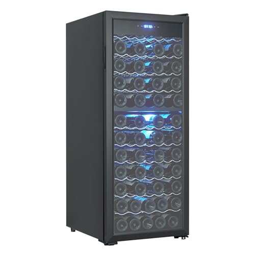 80 Bottle Double Zone Wine Refrigerator with Digital Touch Screen & LED Display, Free-Standing Cooler, Fast Cooling, Low Noise, Red/White Wine, Champagne and Beer, for Home Bar, Wine Cellar, Kitchen