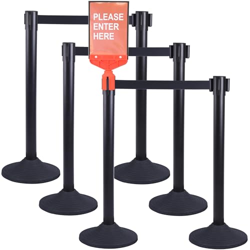 OangeStar 6 Packs Crowd Control Stanchions w/10ft Retractable Belt, Crowd Control Barriers Set w/Black Base, Ideal for High Traffic Areas