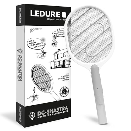 Ledure DC Shastra Mosquito Racquet Electric Insect Killer | Rechargeable Li-Ion Battery | Instant Kill High Voltage Shock Net | USB Type-C Charging | 6-Month Warranty | White | Pack of 1