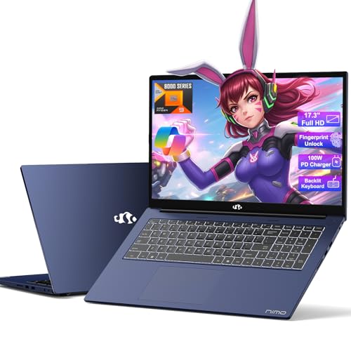 NIMO 17.3” Business-Laptop Ryzen 9 8945HS, 64GB RAM 2TB SSD, Radeon 780M, 54W Max TDP, 75Wh Battery, USB-C 4.0, PD 100W, Backlit Keyboard, Fingerprint Unlock, FHD Laptop for Gaming Student Office
