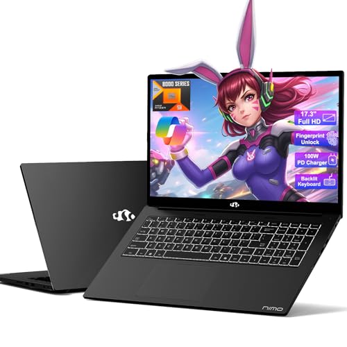 NIMO 17.3” Business-Laptop Ryzen 9 8945HS, 64GB RAM 2TB SSD, Radeon 780M, 54W Max TDP, 75Wh Battery, USB-C 4.0, PD 100W, Backlit Keyboard, Fingerprint Unlock, FHD Laptop for Gaming Student Office