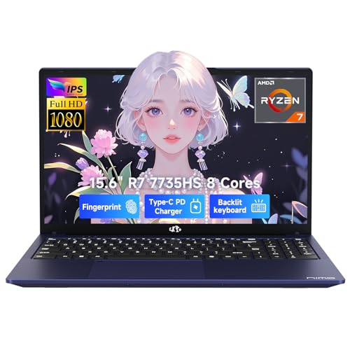 NIMO 15.6" IPS FHD-Gaming-Laptop, AMD 8 Cores Ryzen 7 7735HS 64GB DDR5 RAM 2TB SSD (Beats i7-12650H Up to 4.75GHz) AMD Radeon 680M GPU-Computer with 100W Type-C Backlit Keyboard Fingerprint