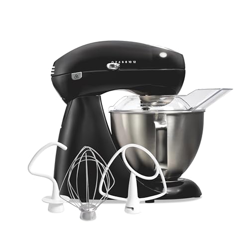 Hamilton Beach Die-Cast Metal Classic Electric Stand Mixer, 12 Speeds, 4.5-Quart Stainless Steel Bowl, Includes Flat Beater, Whisk, Dough Hook & Pour Shield, Powder-Coated Black Finish (63227N)