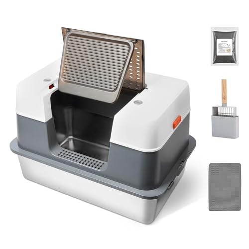 Stainless Steel Enclosed Cat Litter Box with Lid，Covered Metal Kitty Litter Pen with Litter Mat and Odor Reduction Pack(2kg), Easy Clean