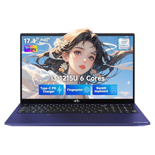 NIMO 17.3" IPS FHD-Student-Laptop, Intel 6 Cores i3-1215U 64GB RAM 2TB SSD (Beat 5 7520U, Up to 4.4GHz) Computer with 65W Type C Fingerprint Backlit Keyboard Wi-Fi 6 BT5.2, for Home and Business