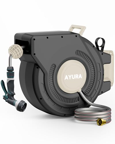 AYURA Retractable Garden Hose Reel 100 ft x 1/2 inch with Pro Metal Shaft, Heavy Duty Automatic Garden Hose Reel with Kink-Free Rewind and Lock at Any Length, Wall Mount Water Hose Reel for Outside