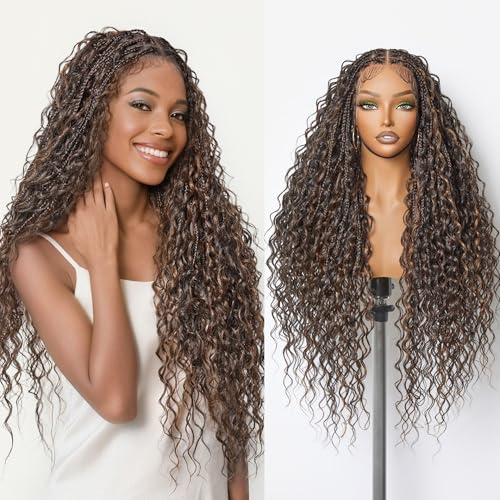 Frodio Braided Wig Veralux™ Fiber Full Lace Boho Curly Water Wave Synthetic Box Braided Wigs For Black Women Salon-Level 200% Density Bohemia Natural Scalp 30 Inches Mix Brown Highlight Color