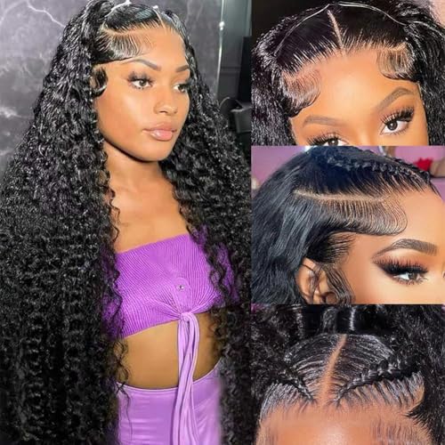 NUEAHWO 32 Inch Water Wave Lace Front Wigs Human Hair Pre Plucked 13X6 Lace Front Wigs Human Hair 200 Density Deep Part Curly Wig for Women Natural Black