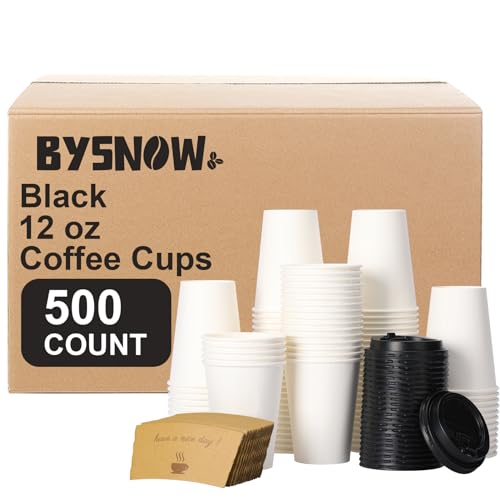 BYSNOW 12 oz Disposable Thickened Coffee Cups with Lid Scald Resistant Hot Cup with Sleeve and Straw, To Go Coffee Cups for Home, Office, Cafes and Party