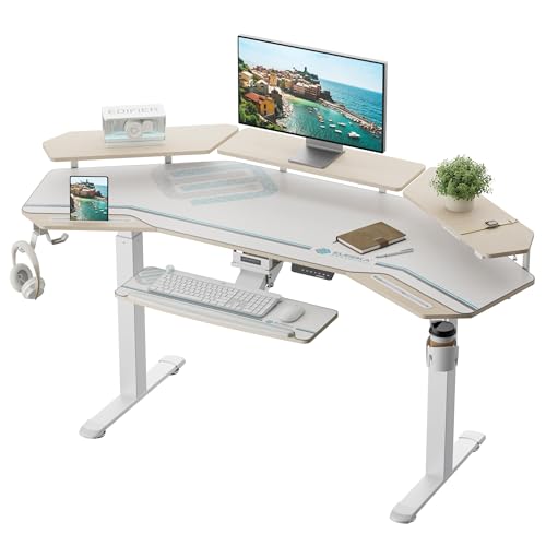 EUREKA ERGONOMIC Gaming Desk, w Keyboard Tray, 72" Wing Shaped Music Studio Table with LED Shelves, Gaming Recording Live Stream, Slot Design