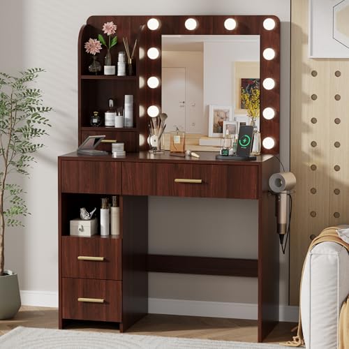 Otterease Vanity Desk with LED Lighted Mirror&Power Outlet, 3 Lighting Colors Makeup Vanity with 5 Large Drawers and 3 Storage Shelves, White Vanity with Storage Stool for Bedroom