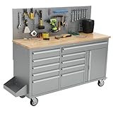 IDEALHOUSE 61-inch Rolling Tool Chest, 10 Drawers Garage Workbench Storage Tool Cabinet with Power Strip, Solid Rubber Wood Top, 1675 LBS Load Mobile Workstation, Heavy Duty Rolling Cabinet, Silver