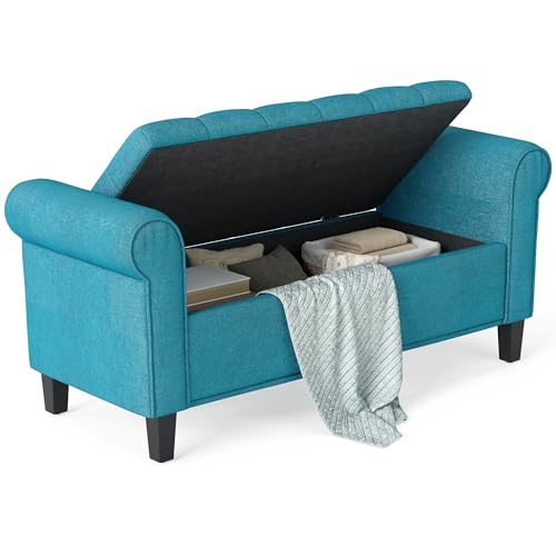 HOMCOM 50" Storage Ottoman Bench, Upholstered End of Bed Bench with Rolled Arms, Wood Legs, Button Tufted Storage Bench with Safety Hinges for Living Room, Entryway, Bedroom