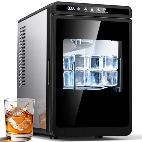 TUATNUT Clear Ice Cube Maker, Makes 3 Large Clear 1.6" Square Ice Cubes, Slow Melting, Auto-Cleaning Function, Stainless Steel Countertop Ice Machine for Home Kitchen Bar Office