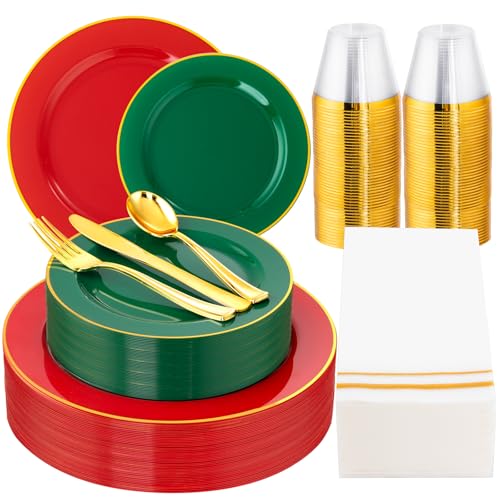 SUT 350Pcs Plastic Dinnerware Set for 50 Guests,Disposable Plates and Napkins Party Supplies, Gold Plastic Silverware, Plates, Cups and Napkins Sets for Party Weddings
