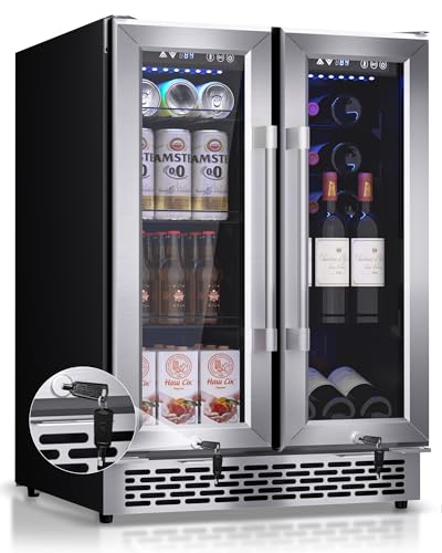 Minorfun French Door Beverage Refrigerator, 24 Inch Dual Zone Built-in Fridge with Glass Door – Holds 120 Cans and 20 Wine Bottles, Beverage Cooler – Ideal for Kitchen, Bar, or Living Room