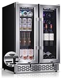 Minorfun French Door Beverage Refrigerator, 24 Inch Dual Zone Built-in Fridge with Glass Door – Holds 120 Cans and 20 Wine Bottles, Beverage Cooler – Ideal for Kitchen, Bar, or Living Room