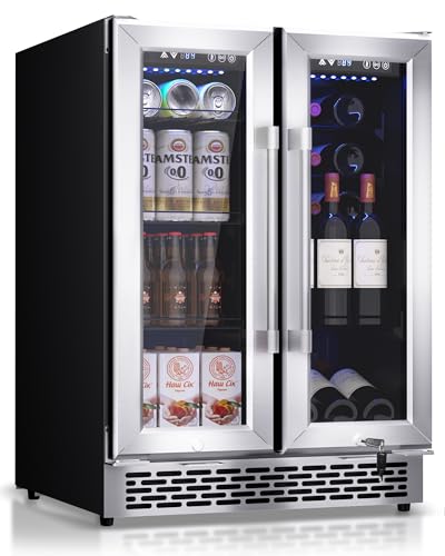 Minorfun French Door Beverage Refrigerator, 24 Inch Dual Zone Built-in Fridge with Glass Door – Holds 160 Cans and 20 Wine Bottles, Beverage Cooler – Ideal for Kitchen, Bar, or Living Room