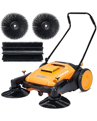 LUSHIJIE Walk-Behind Hand Push Industrial Floor Sweeper 41" Non-Electric - Thick Material｜Solid Wear-Resistant Wheels｜55L Bin｜for Factory/Warehouse/Parking Lot & Walkways (Commercial Grade) (Yellow)