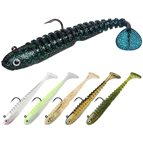 TRUSCEND Pre-rigged Fishing Jig Lures for Freshwater and Saltwater, Innovative Super Durable TPE Bass Lures, Lifelike Shrimp Crayfish Swimbait, Weedless Lure for Crappie Trout Walleye, Keep Separately