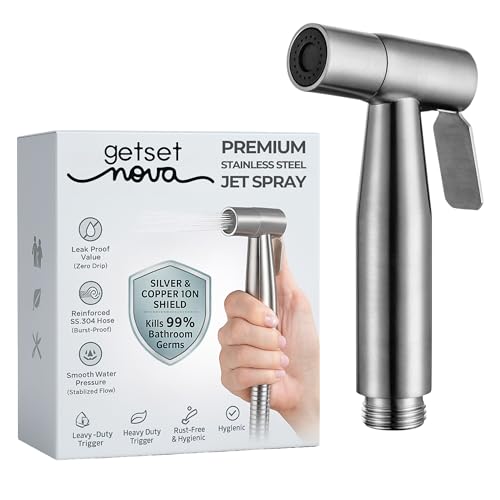 GetSetNova Health Faucet Stainless Steel Jet Spray Gun for Toilet | Silver & Copper Ion Shield Kills 99% Germs | Leak-Proof Bathroom with 1.5 mtr Hose 1 Year Warranty (Jet Spray)